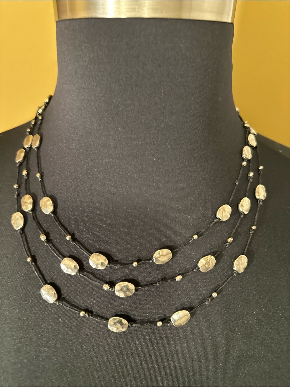 Multi-Strand Black Cord Necklace with Silver Bead Accents